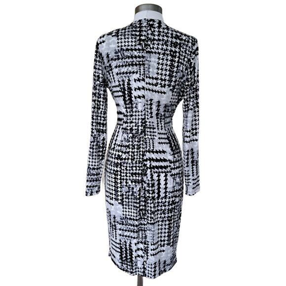 CALVIN KLEIN Long Sleeve Faux Wrap Dress Size Black Gray Houndstoooth - Picture 4 of 12